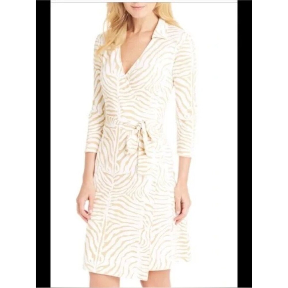 J. McLaughlin White Tan Zebra Animal Print Tie Waist Jersey Wrap Dress Sz Small